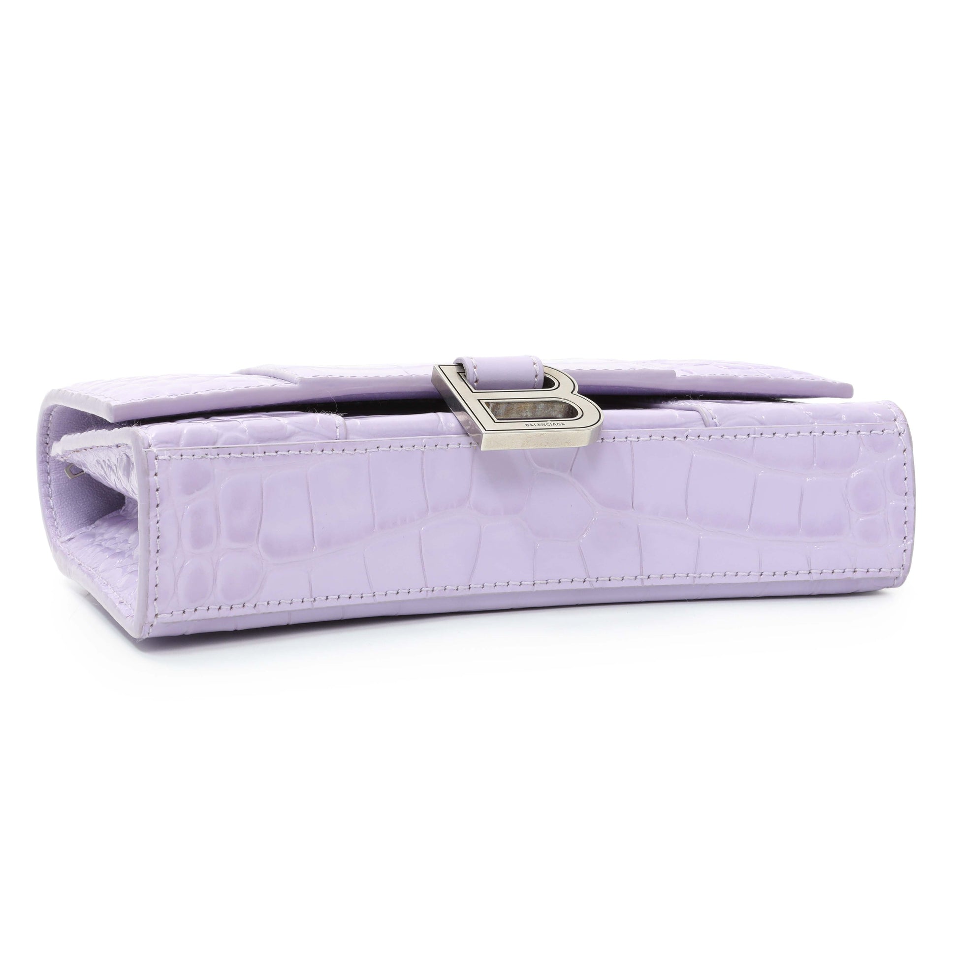 Exclusive Balenciaga Lilac Shiny Calfskin Crocodile Embossed Hourglass Chain Bag — Back View