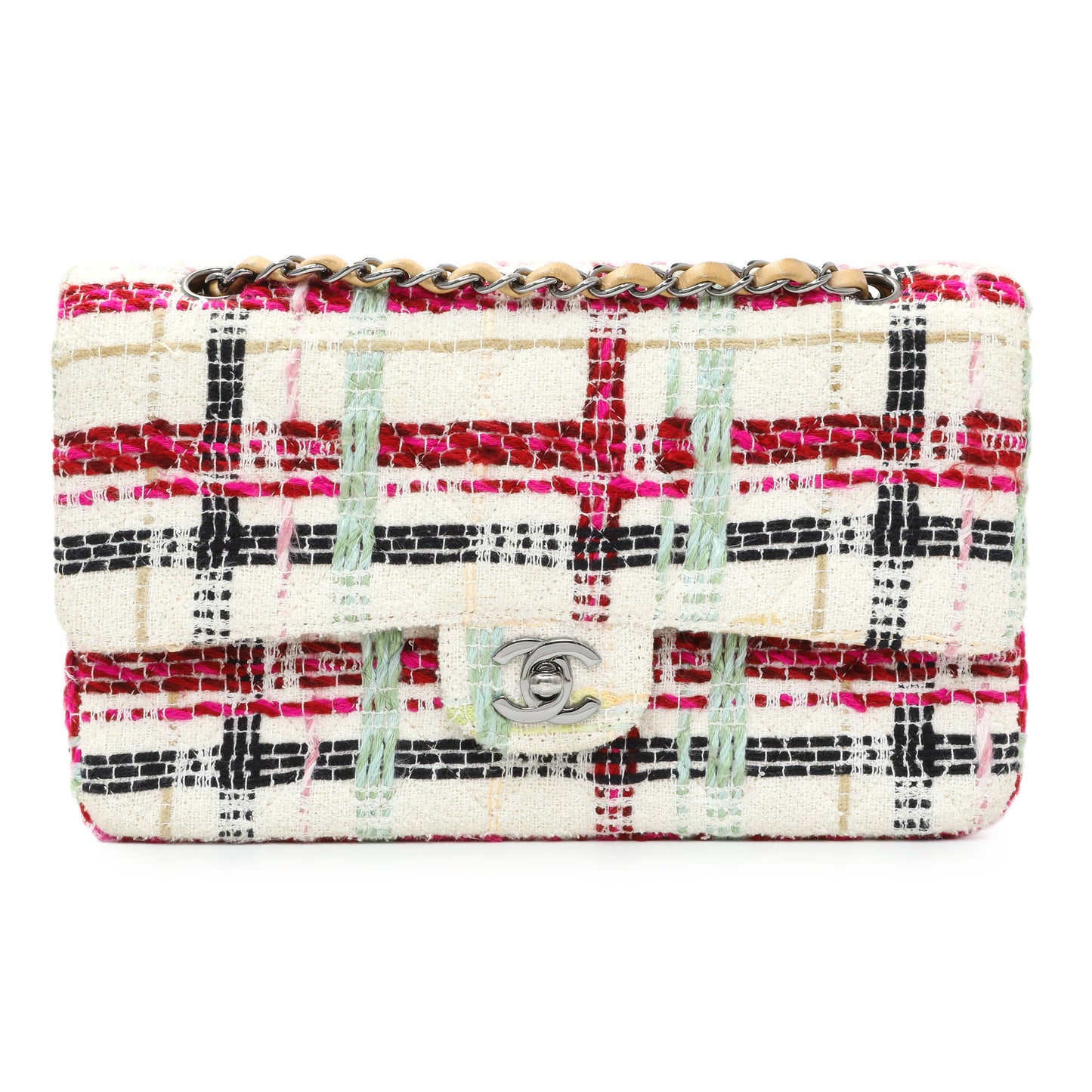 Exclusive Chanel White Pink Tweed Quilted Medium Double Flap — Front View