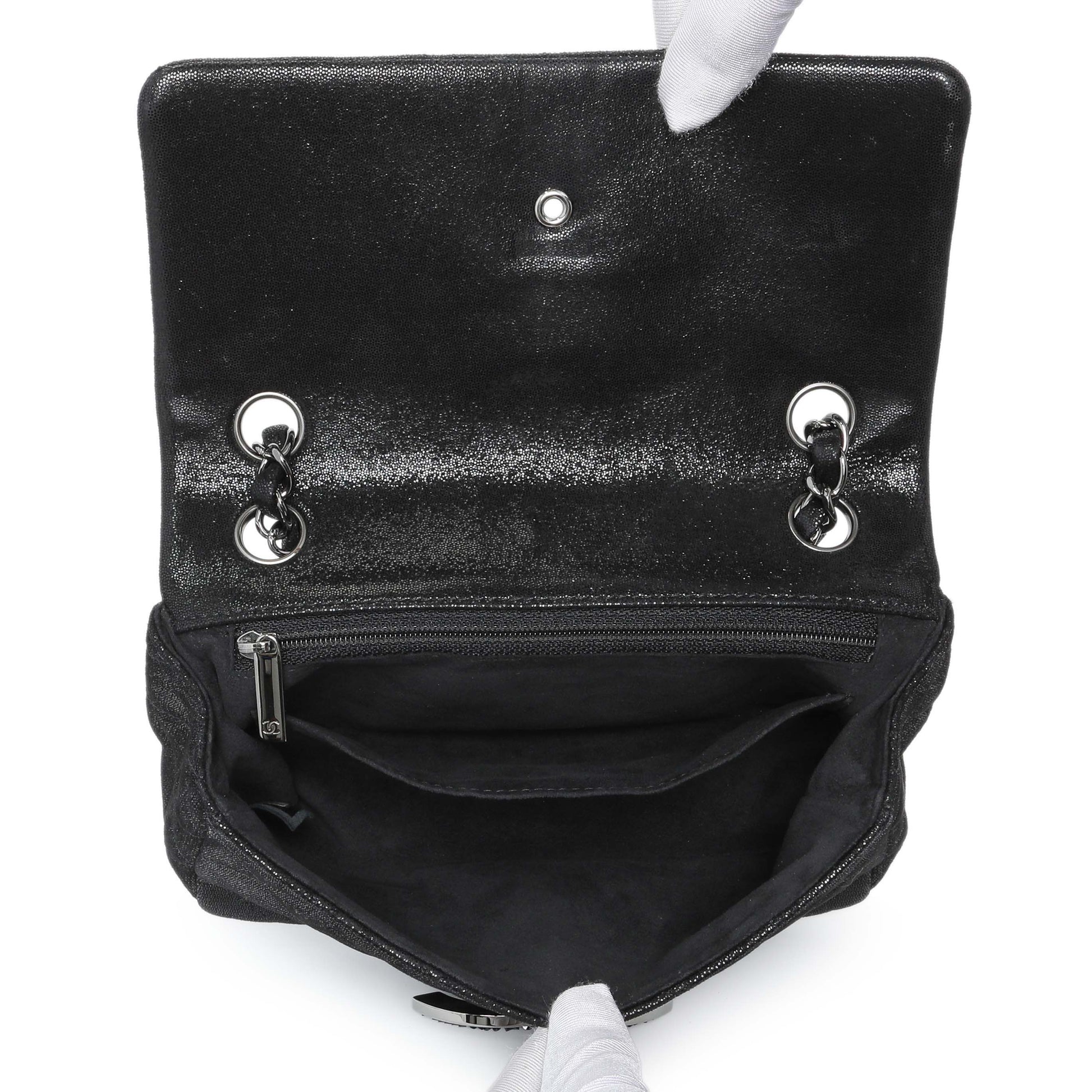 Exclusive Chanel Black Irridescent Calfskin Crystal CC Mini Flap — Top View