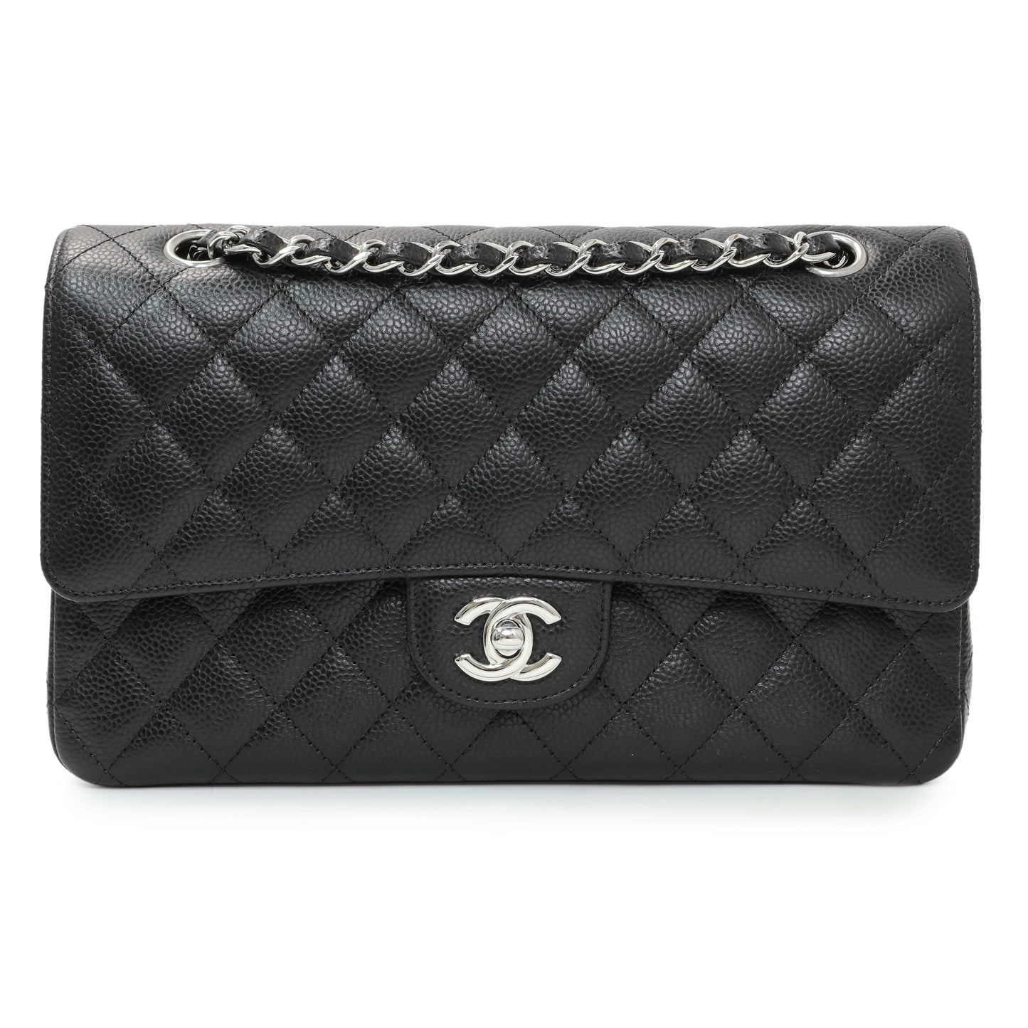 Exclusive Chanel Black Quilted Caviar Medium Double Flap — Front View