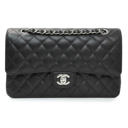 Exclusive Chanel Black Quilted Caviar Medium Double Flap — Front View