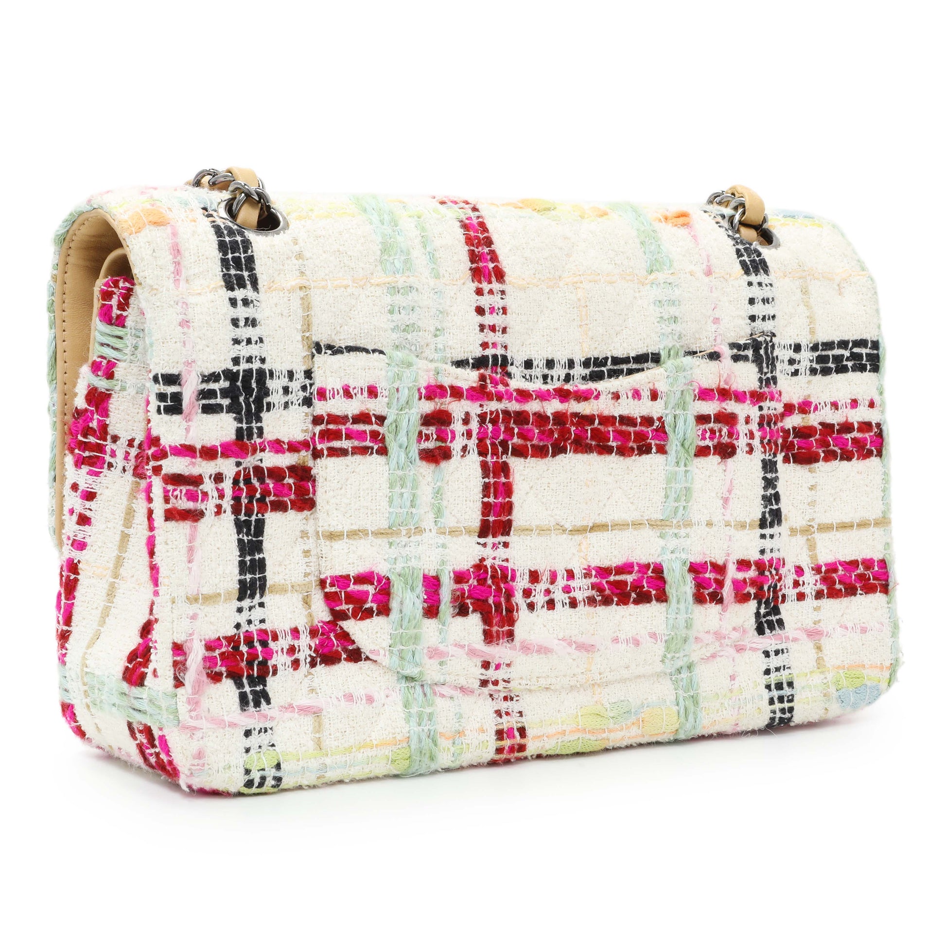 Exclusive Chanel White Pink Tweed Quilted Medium Double Flap — Side View