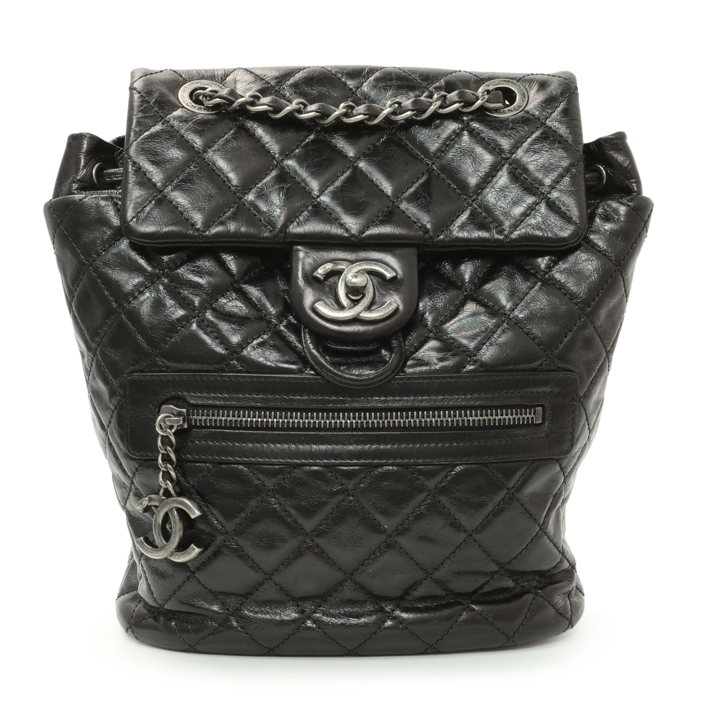 Exclusive Chanel Black Glazed Calfskin Salzburg Mountain Backpack — Front View