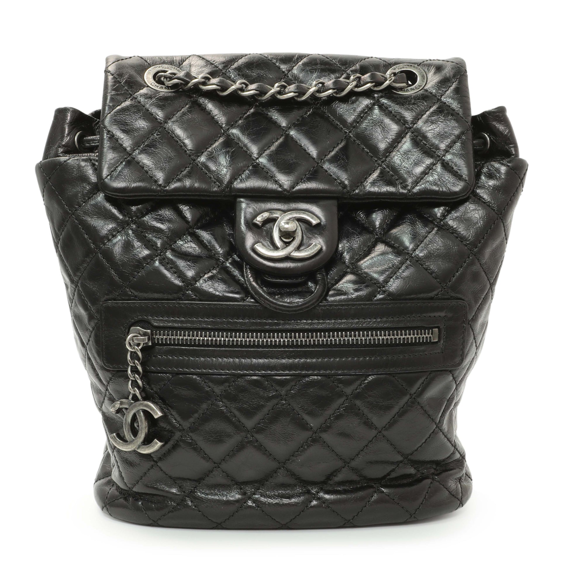 Exclusive Chanel Black Glazed Calfskin Salzburg Mountain Backpack — Front View
