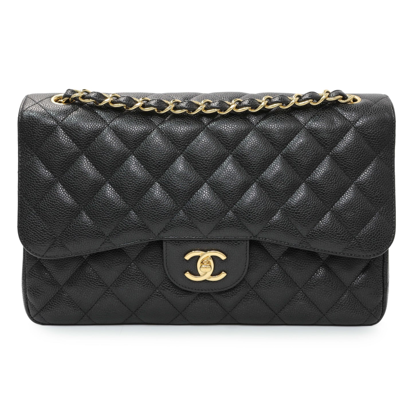 Exclusive Chanel Black Caviar Jumbo Classic Double Flap — Front View