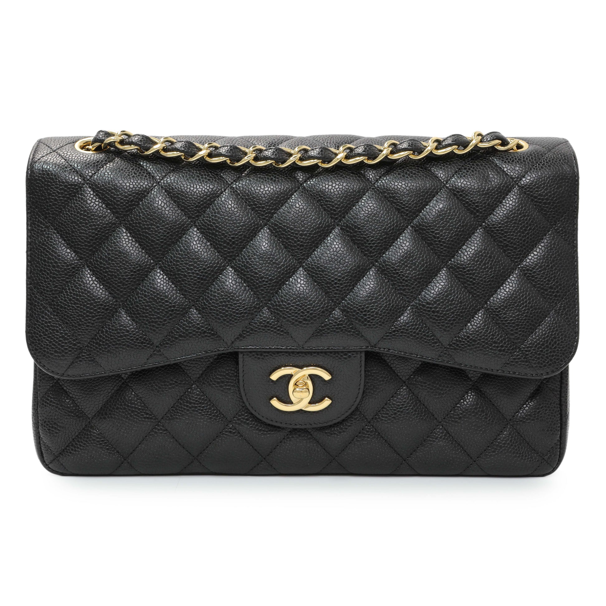Exclusive Chanel Black Caviar Jumbo Classic Double Flap — Front View