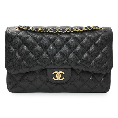 Exclusive Chanel Black Caviar Jumbo Classic Double Flap — Front View
