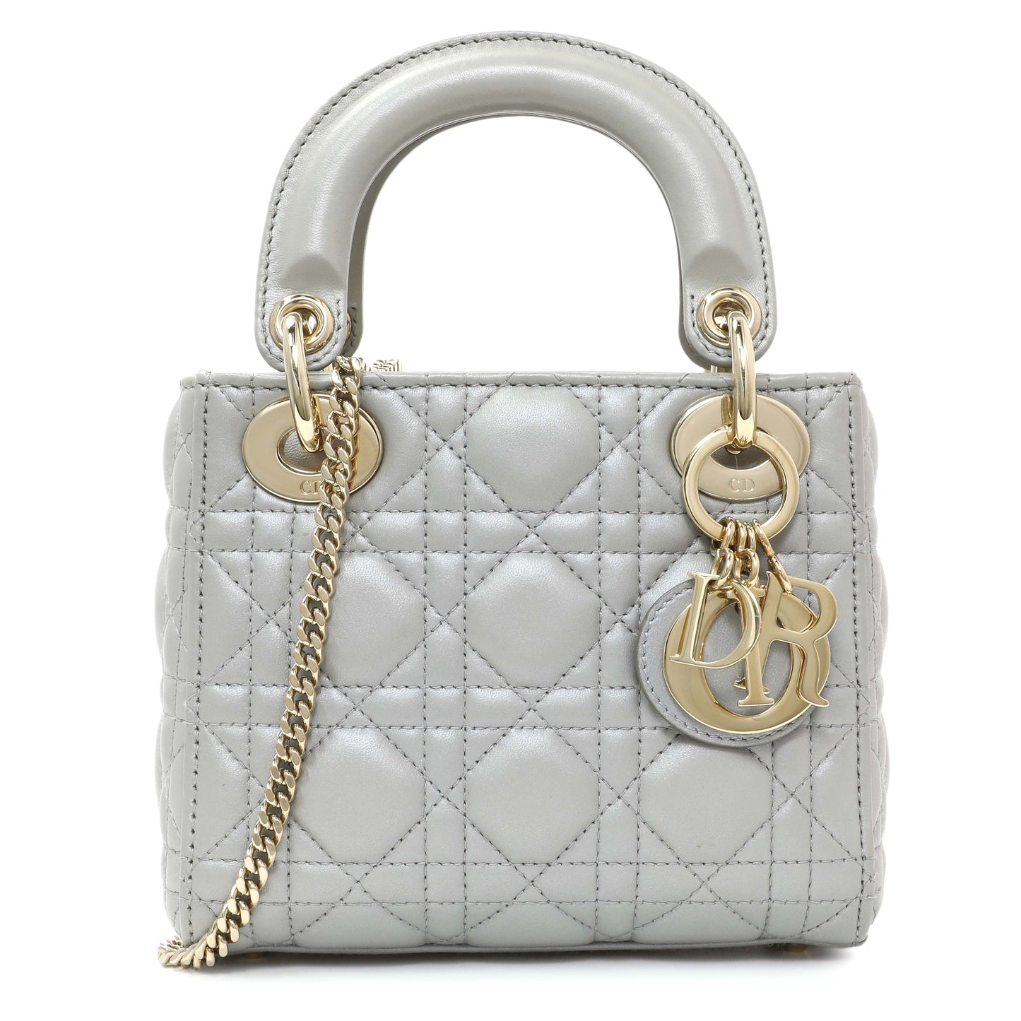 Exclusive Christian Dior Grey Metallic Lambskin Cannage Mini Lady Dior — Front View