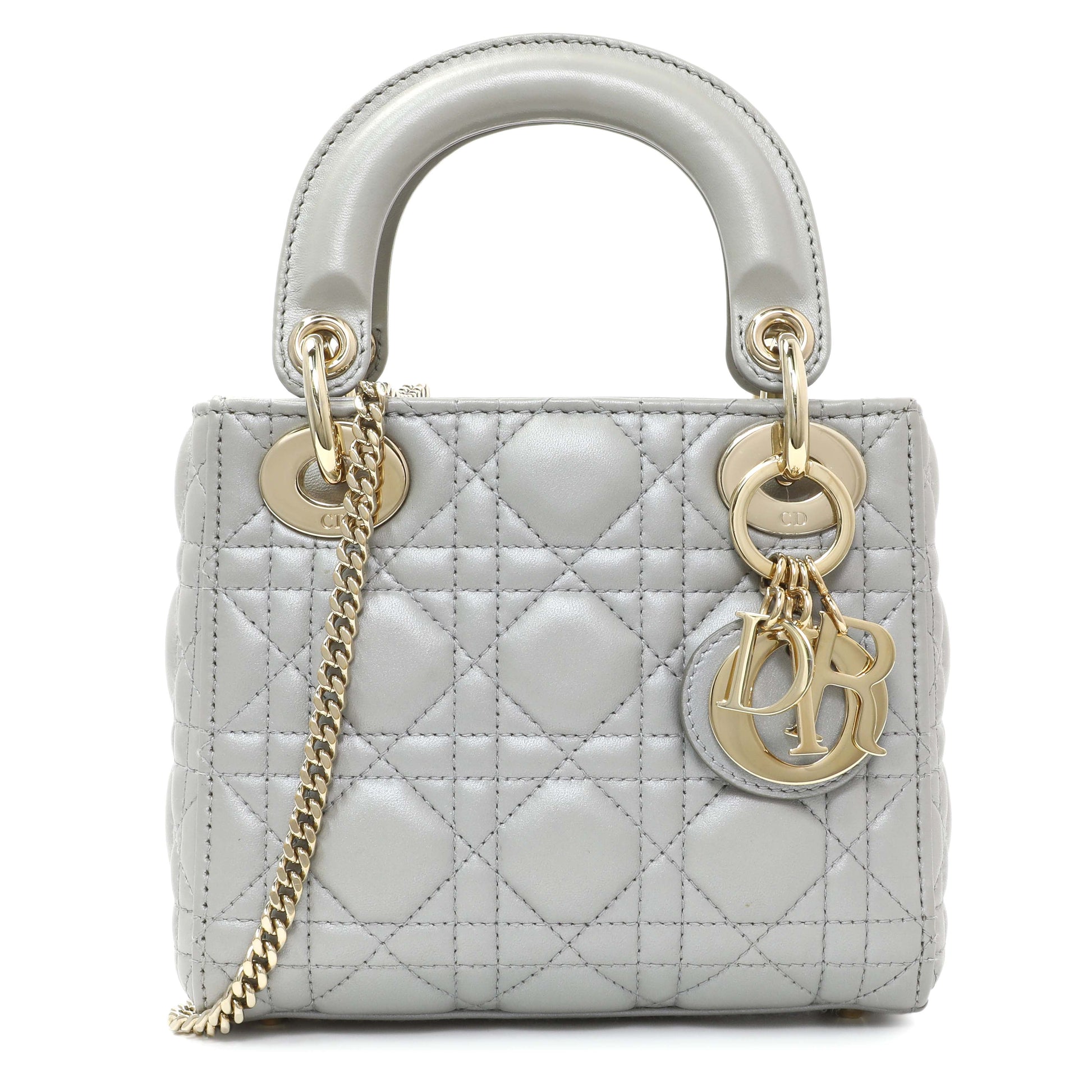 Exclusive Christian Dior Grey Metallic Lambskin Cannage Mini Lady Dior — Front View