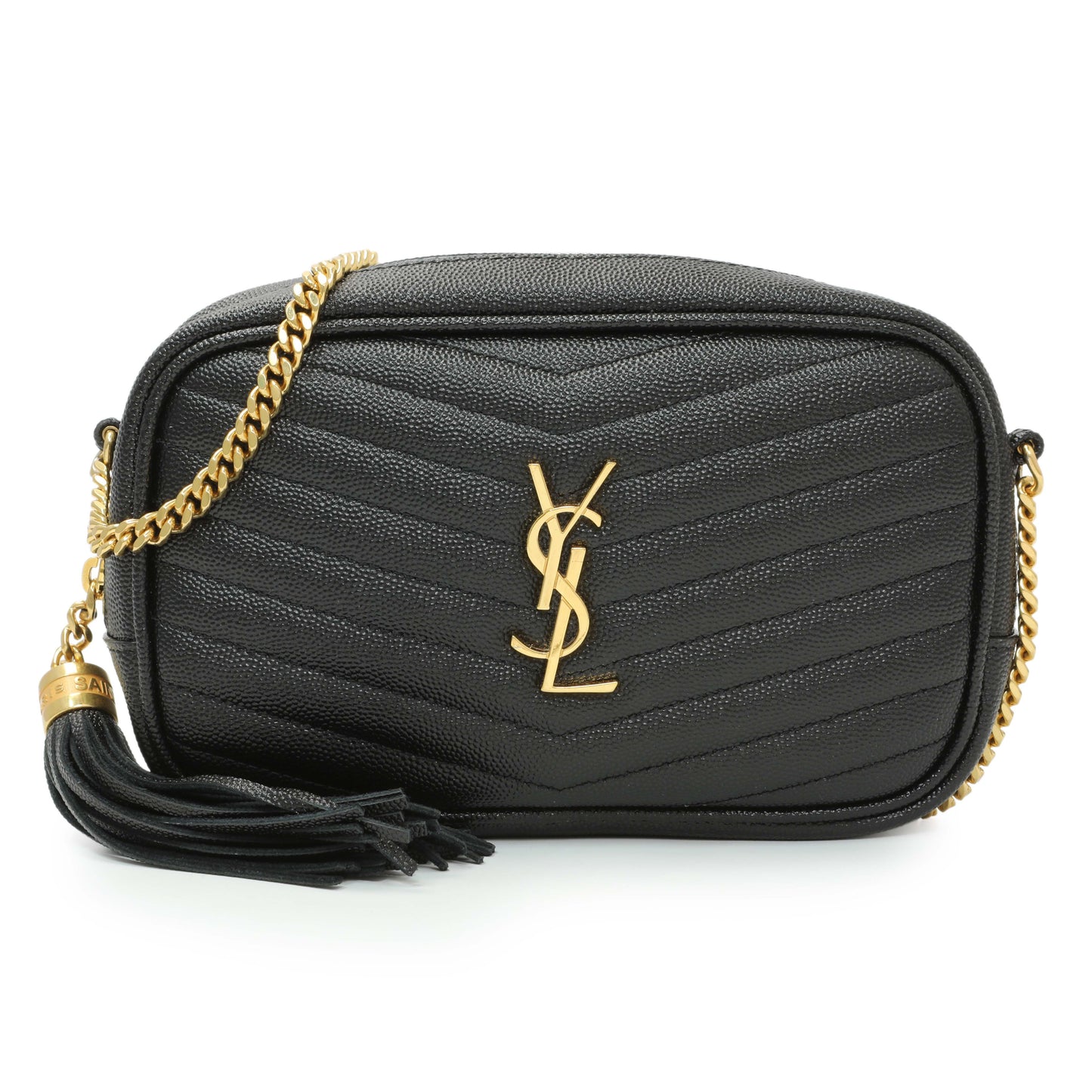 Exclusive Saint Laurent Black Grain De Poudre Matelasse Monogram Mini Lou Camera Bag — Front View