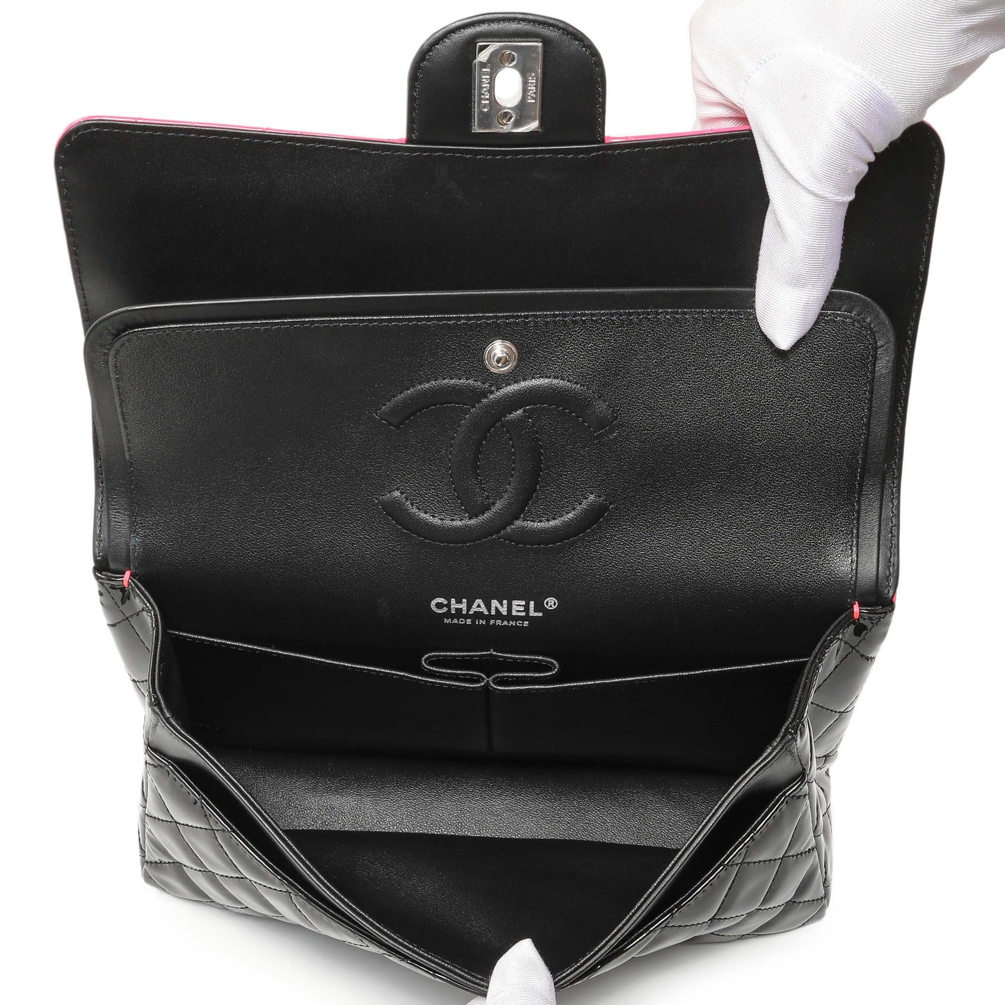 Exclusive Chanel Black Pink Quilted Patent Medium Classic Double Flap — Top View