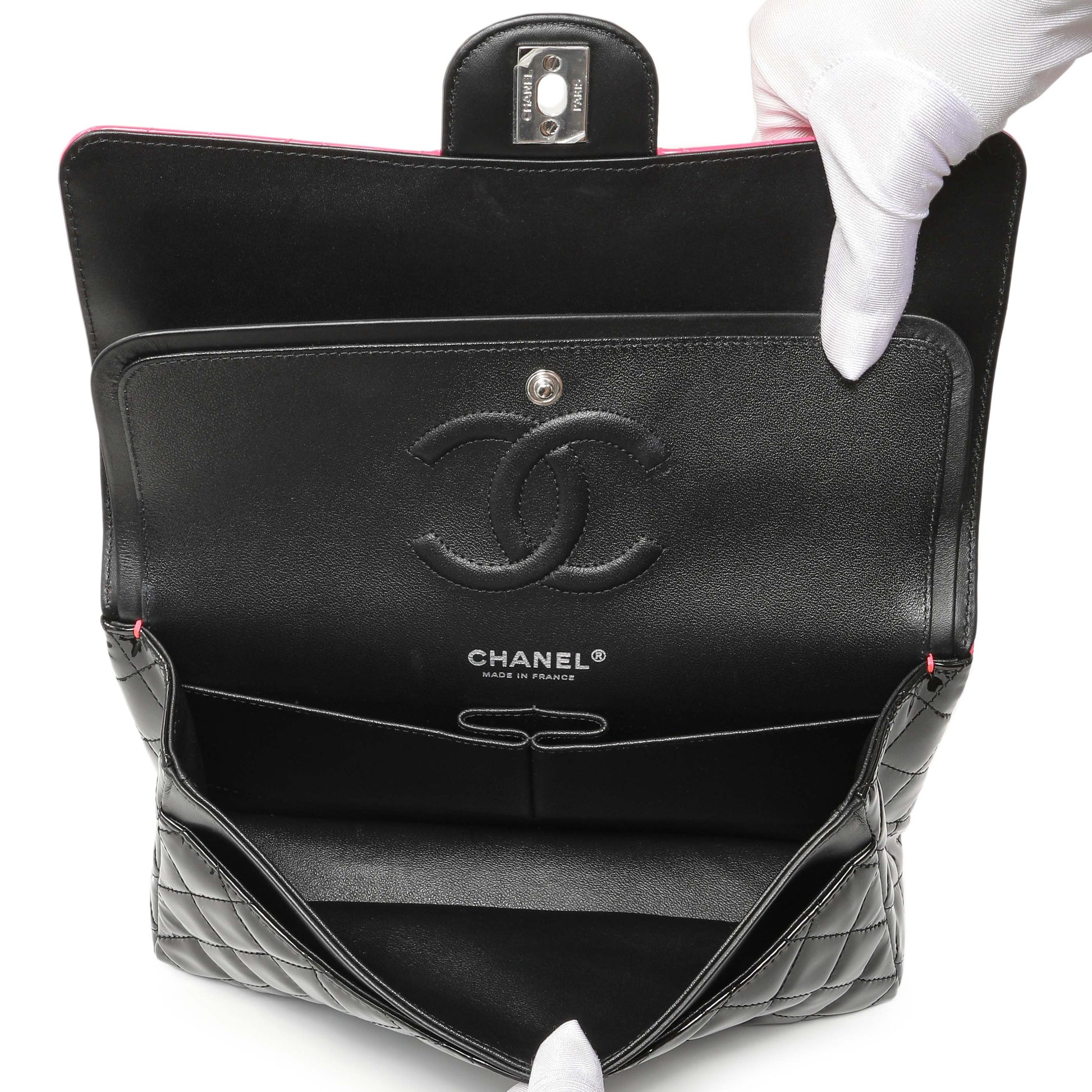 Exclusive Chanel Black Pink Quilted Patent Medium Classic Double Flap — Top View