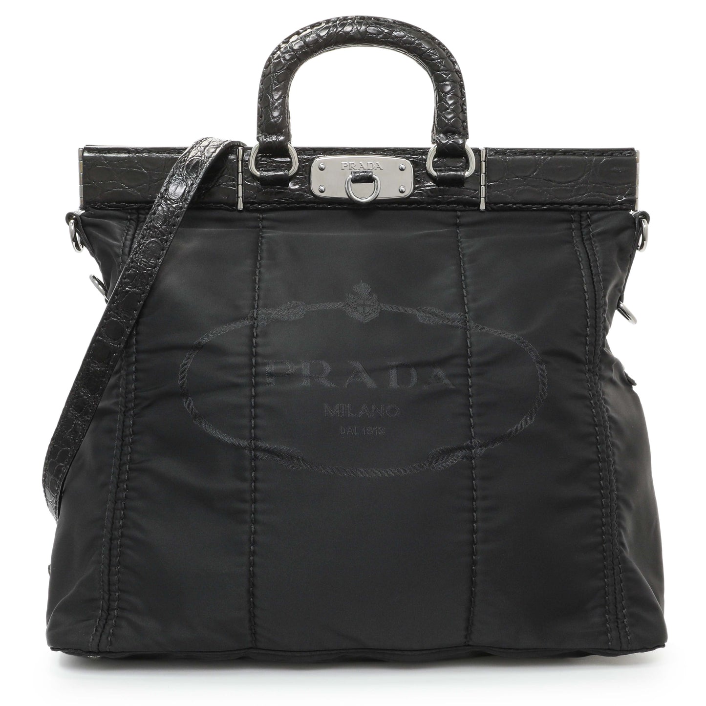 Exclusive Prada Black Nylon Frame Tote — Front View