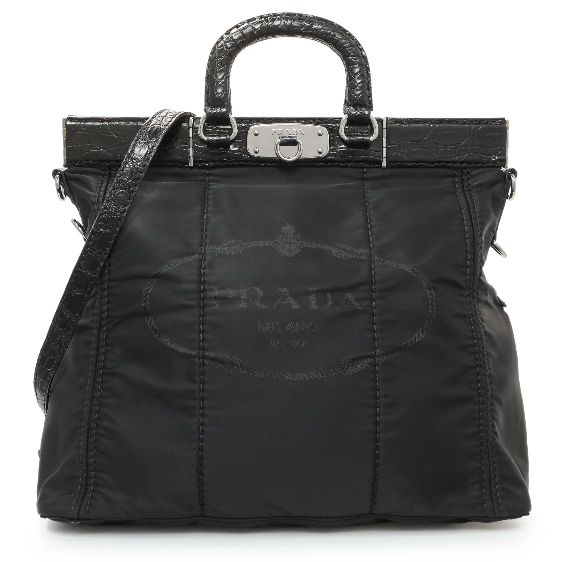 Exclusive Prada Black Nylon Frame Tote — Front View