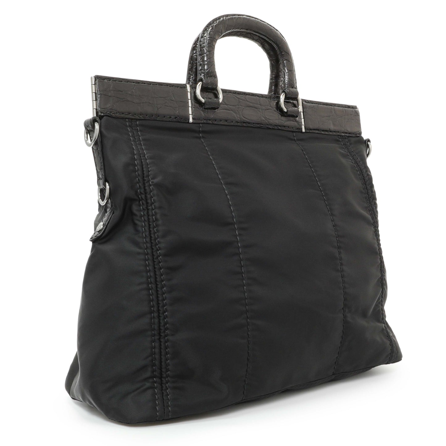Exclusive Prada Black Nylon Frame Tote — Side View