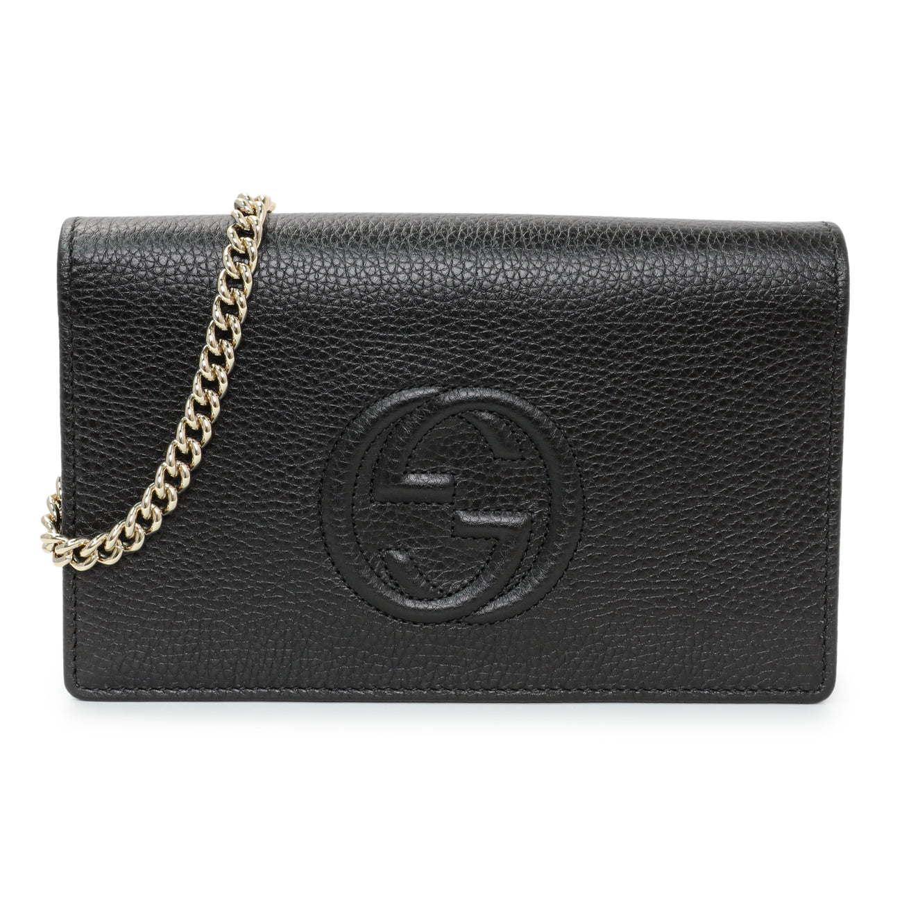 Exclusive Gucci Black Pebbled Calfskin Soho Wallet on Chain — Front View