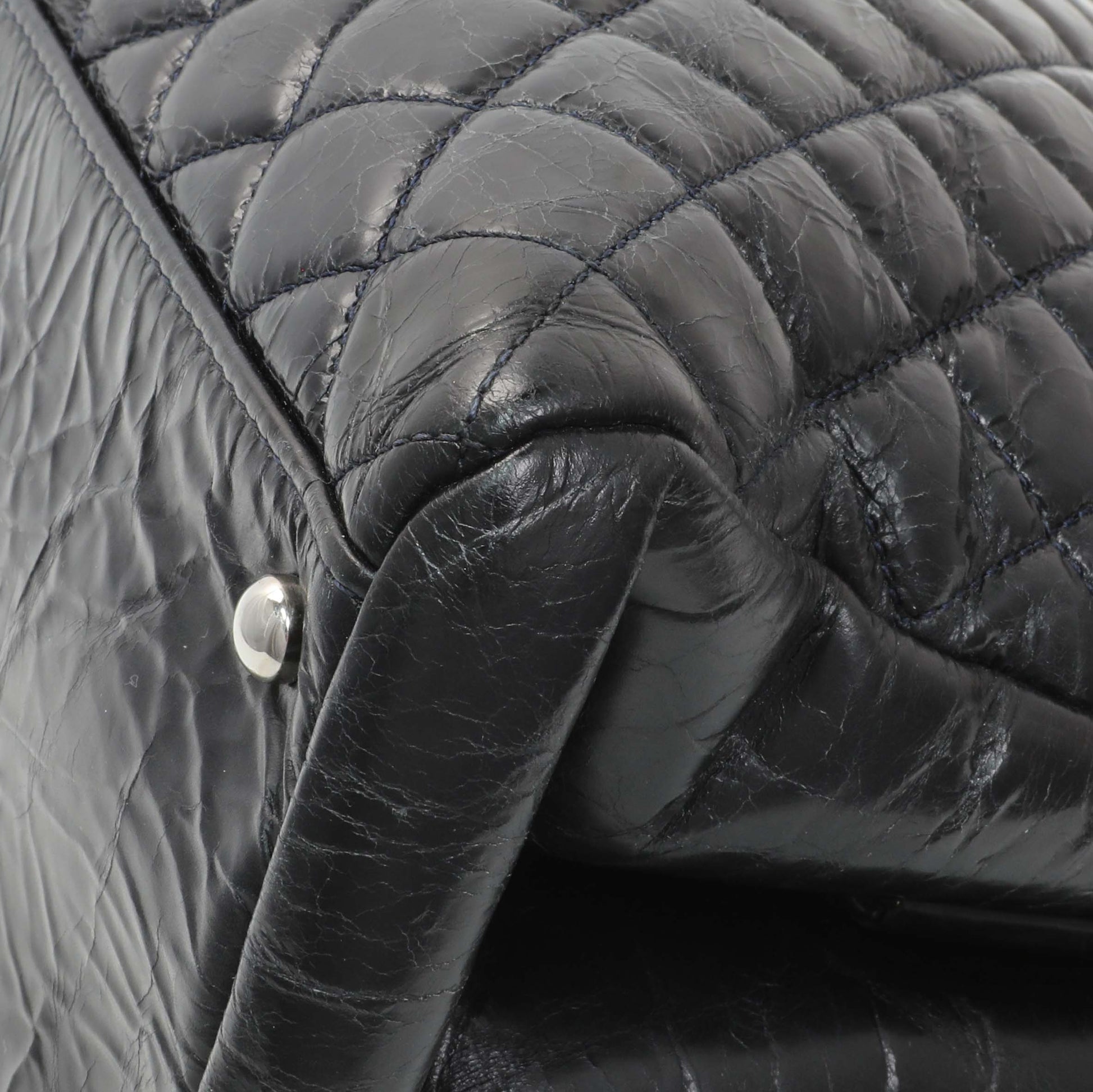 Exclusive Chanel Glazed Calfskin Quilted Large Mademoiselle Bowling Bag — Detail View