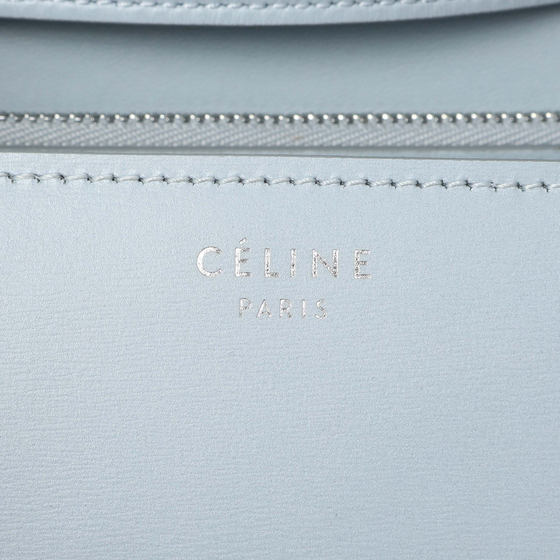 Exclusive Celine Pale Blue Box Calfskin Medium Classic Flap — Detail View