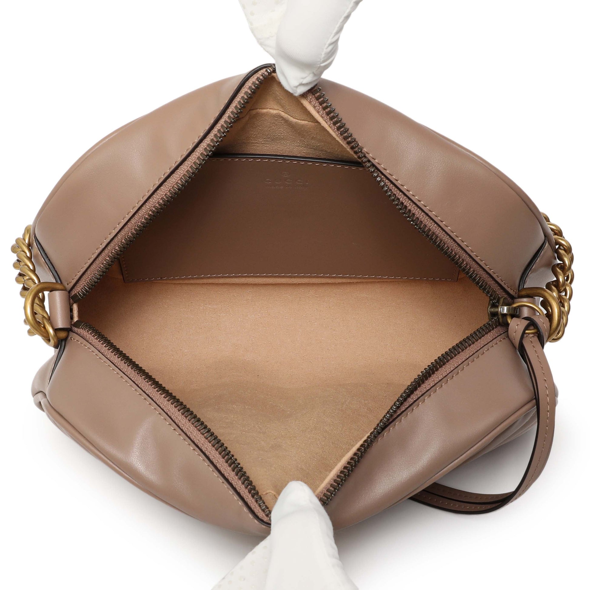 Exclusive Gucci Porcelain Rose Calfskin Matelasse Small GG Marmont Chain Shoulder Bag — Detail View
