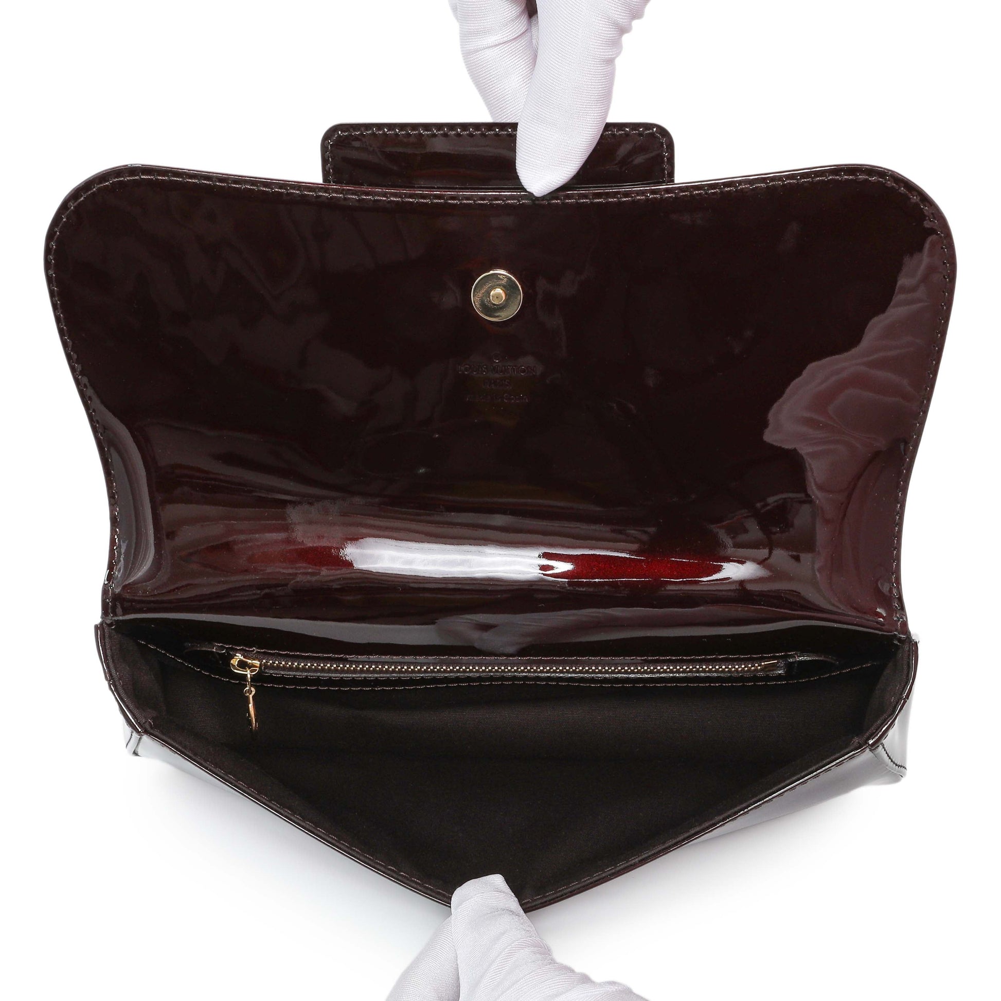 Exclusive Louis Vuitton Amarante Patent Sobe Clutch — Top View