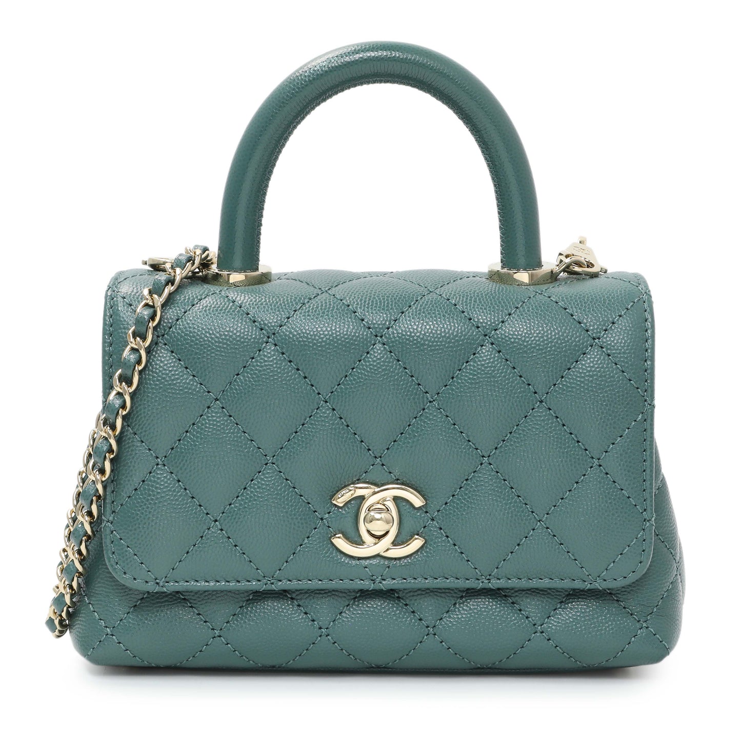Exclusive Chanel Teal Quilted Caviar Extra Mini Coco Handle Flap — Front View