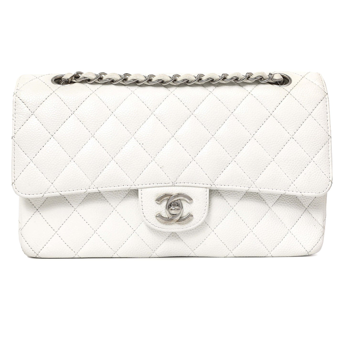 Exclusive Chanel White Quilted Caviar Medium Classic Double Flap — Front View
