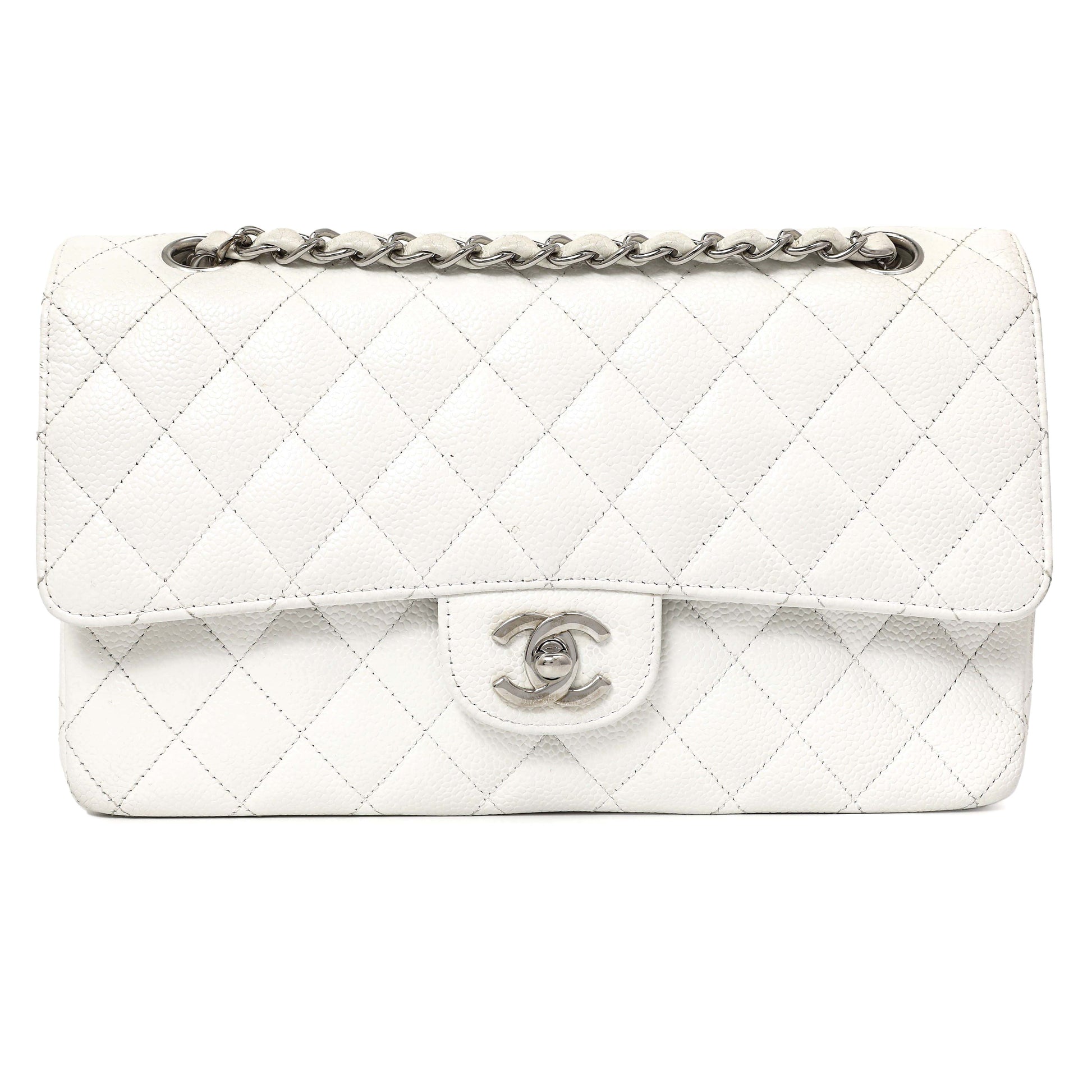 Exclusive Chanel White Quilted Caviar Medium Classic Double Flap — Front View