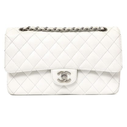 Exclusive Chanel White Quilted Caviar Medium Classic Double Flap — Front View