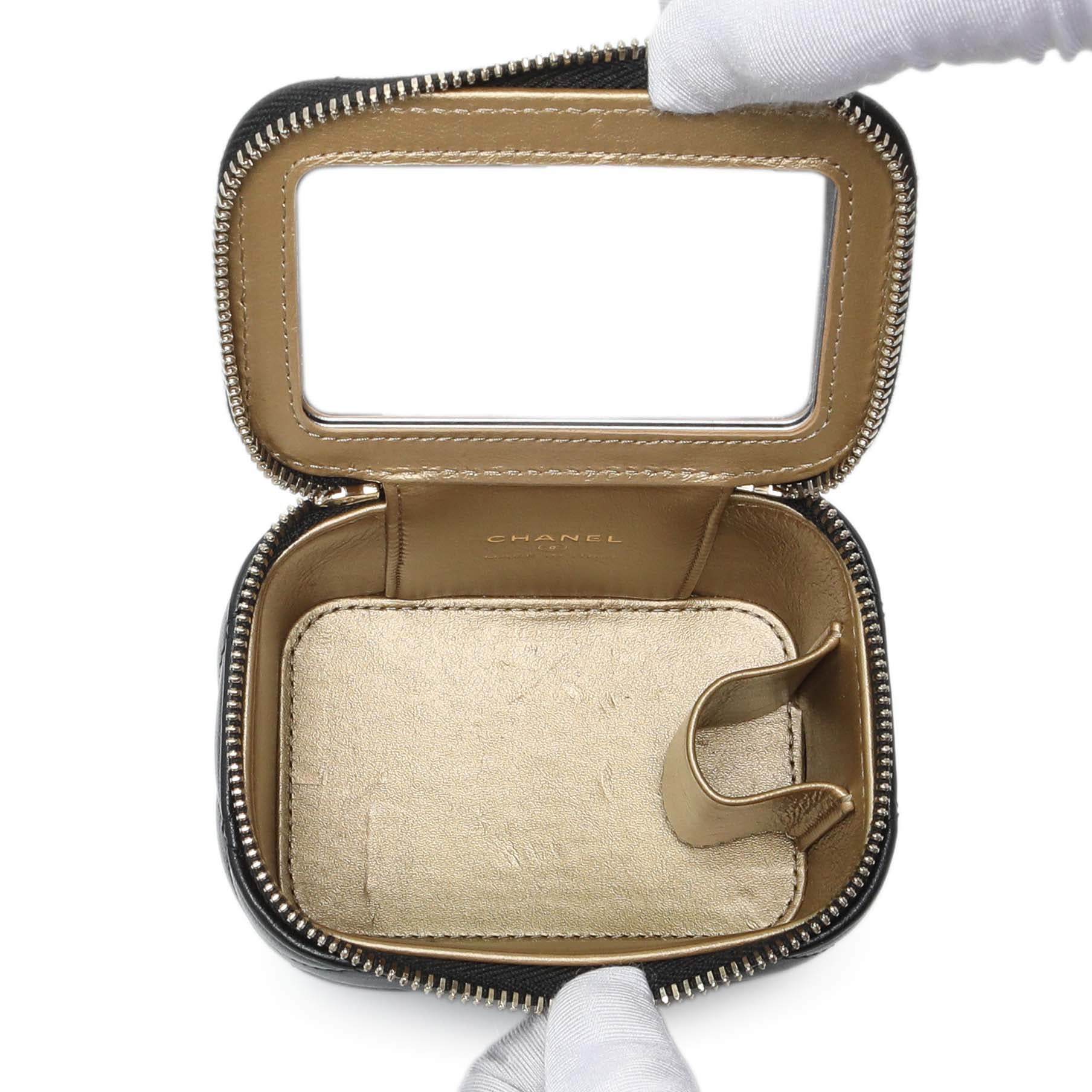 Exclusive Chanel Black Lambskin Quilted Pearl Crush Mini Vanity Case With Chain — Detail View