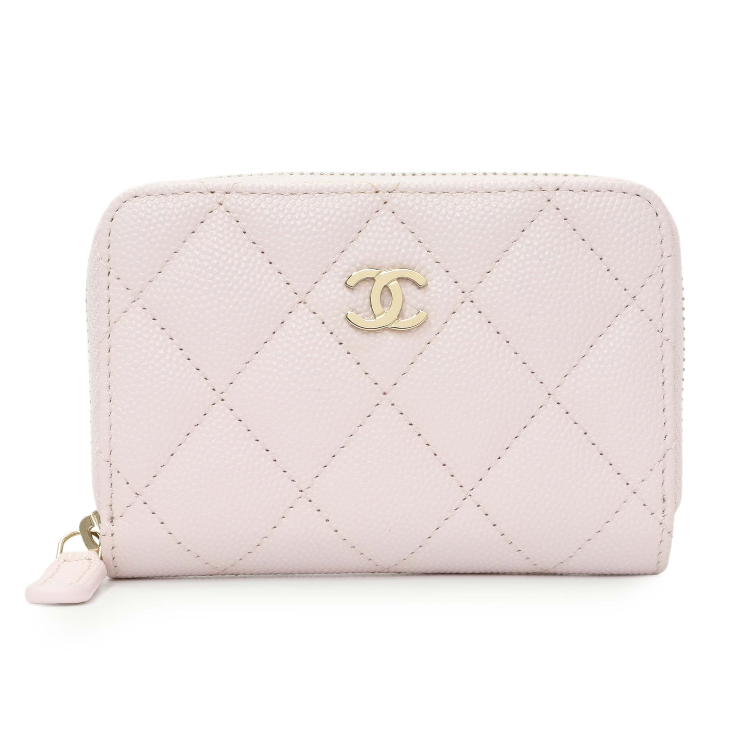 Exclusive Chanel Light Pink Quilted Caviar Zip Coin Wallet — Front View