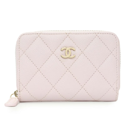 Exclusive Chanel Light Pink Quilted Caviar Zip Coin Wallet — Front View