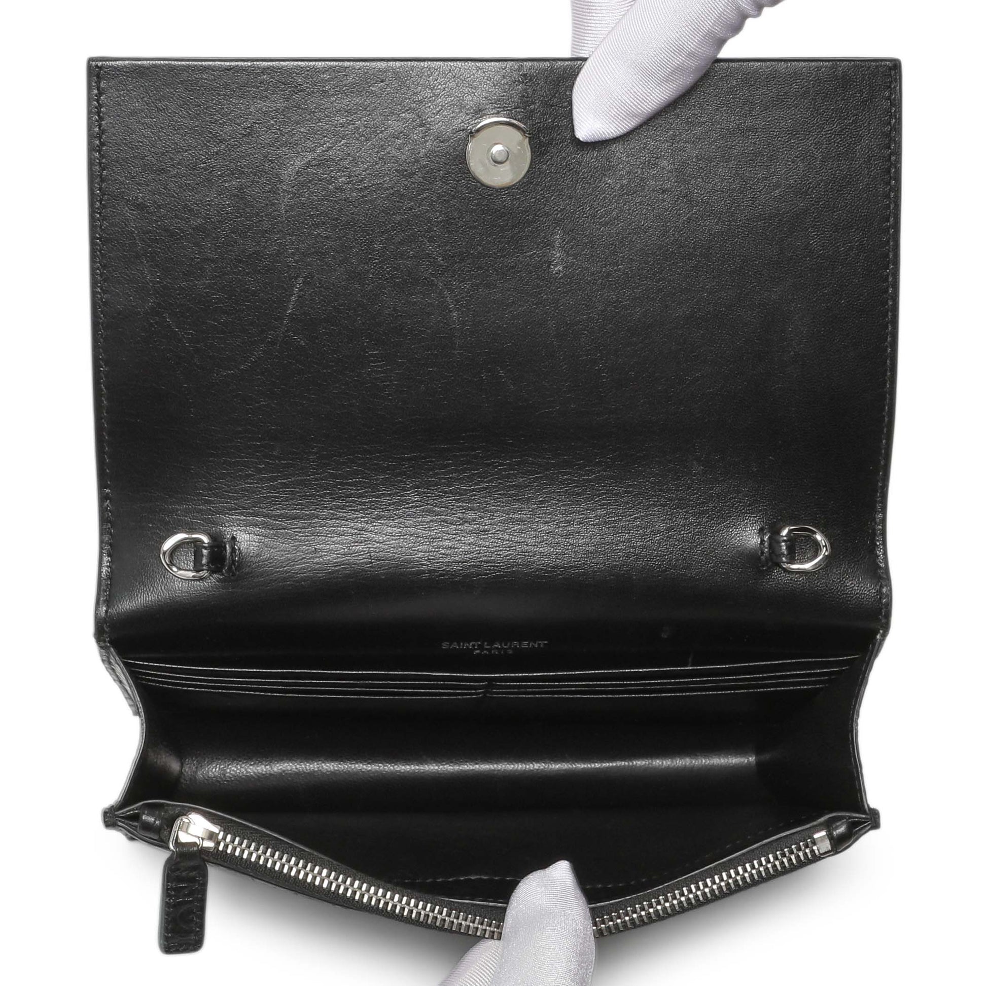 Exclusive Saint Laurent Black Crocodile Embossed Calfskin Kate Monogram Tassel Chain Wallet — Top View