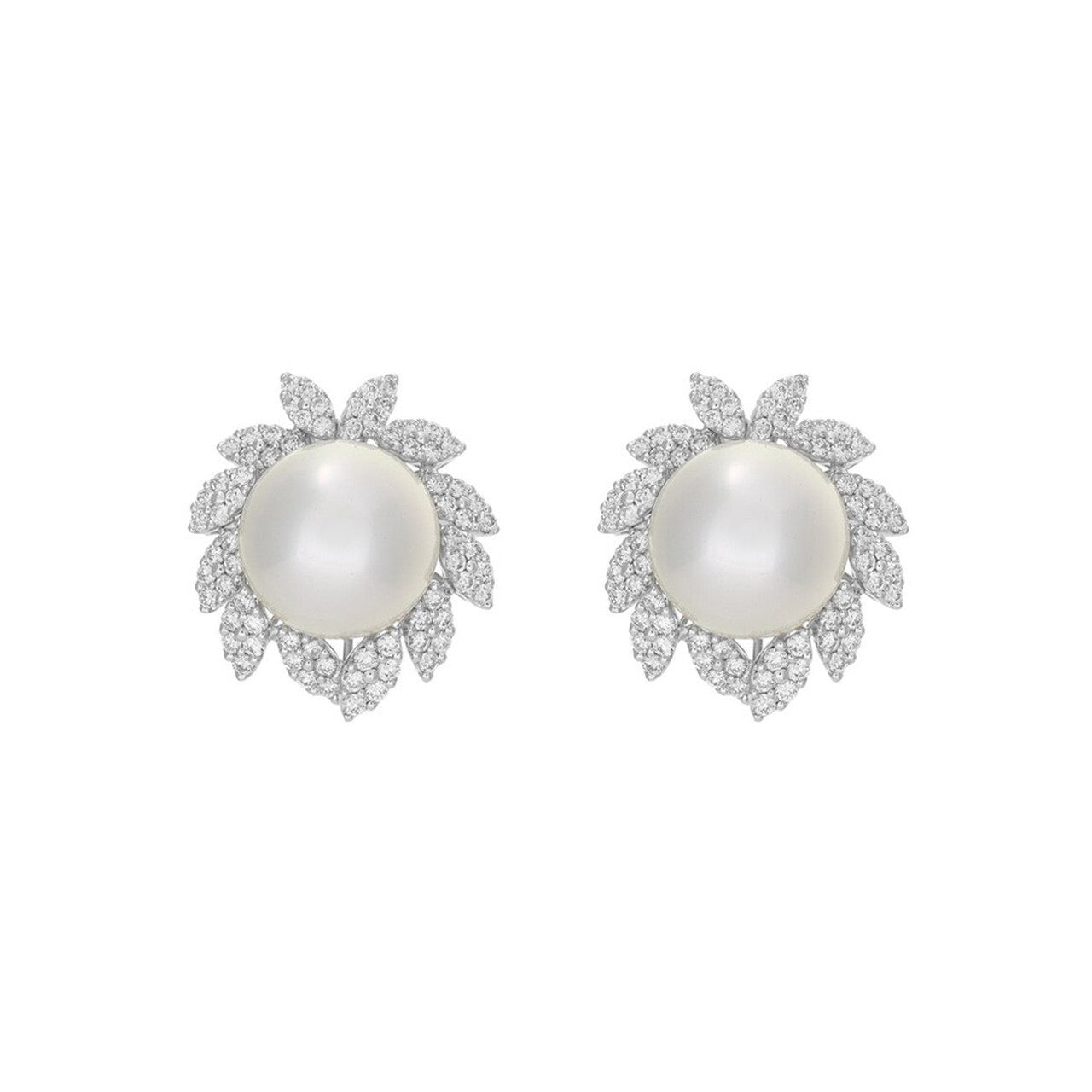 Exclusive 18K White Gold South Sea Pearl 1.98 Carat Diamond Earrings — Front View