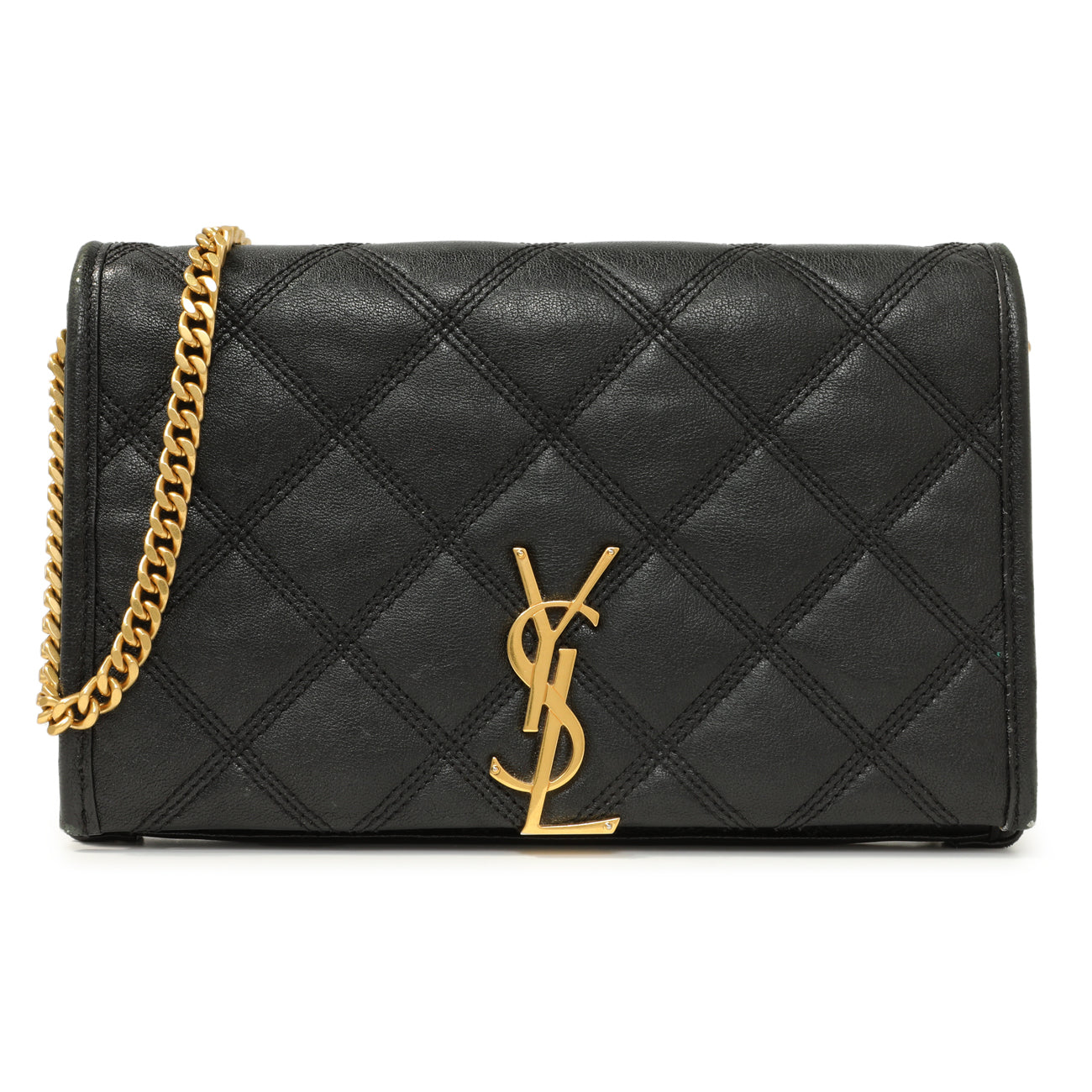 Exclusive Saint Laurent Black Lambskin Diamond Quilted Becky Chain Wallet — Front View