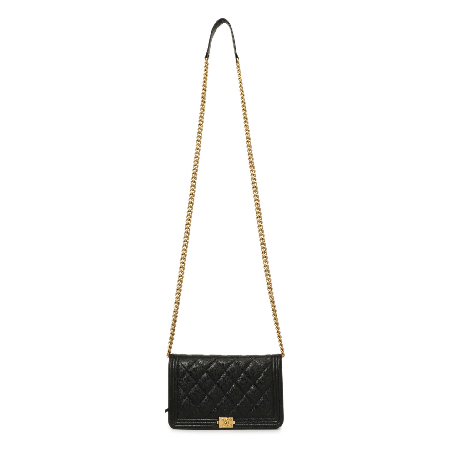Exclusive Chanel Black Quilted Caviar Boy Wallet On Chain WOC — Front View