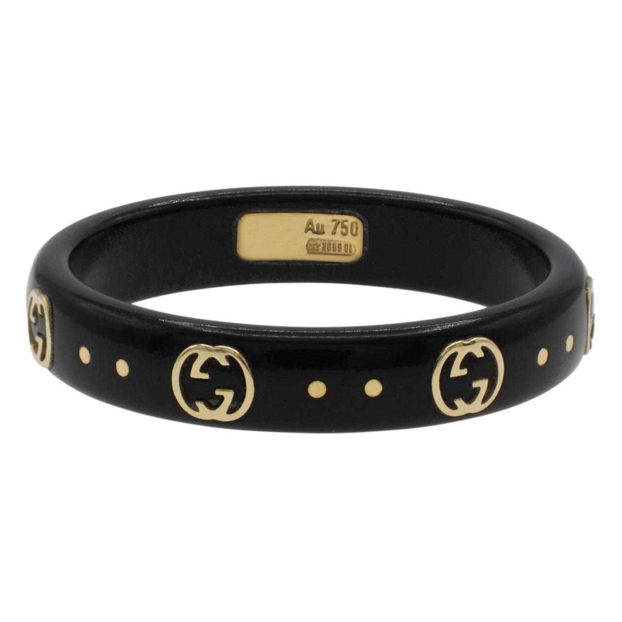 Exclusive Gucci 18K Yellow Gold Black Synthetic Corundum Interlocking G Icon Ring — Side View