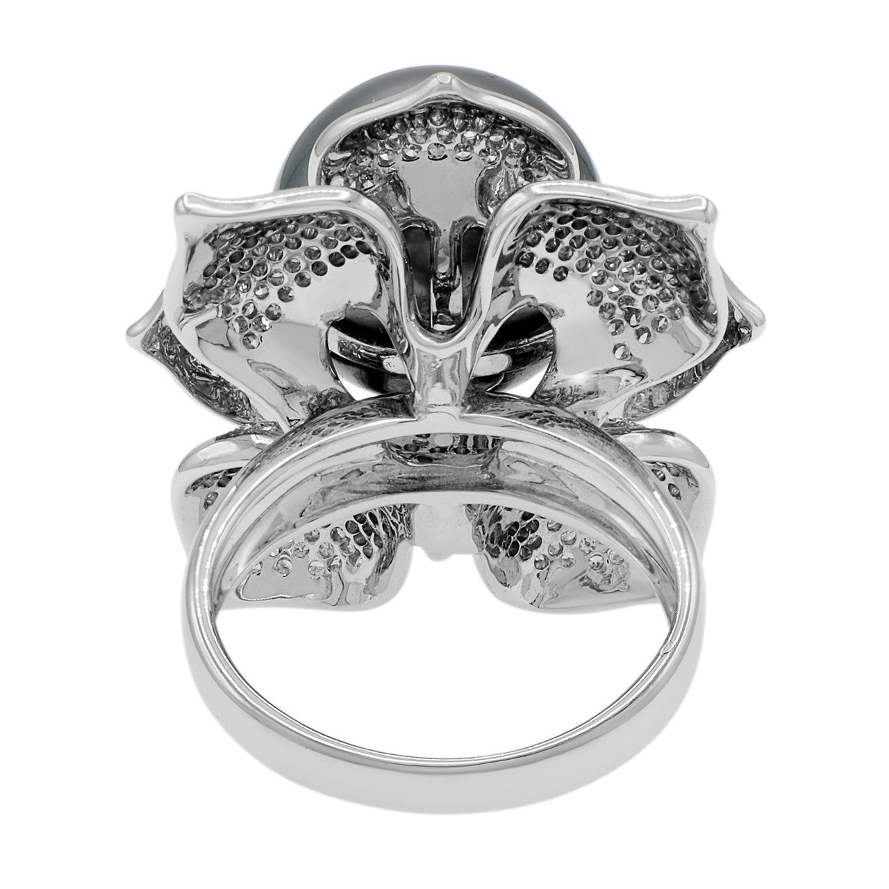 Exclusive 18k White Gold 14.4mm Tahitian Pearl & Diamond Ring — 5.5 — Back View