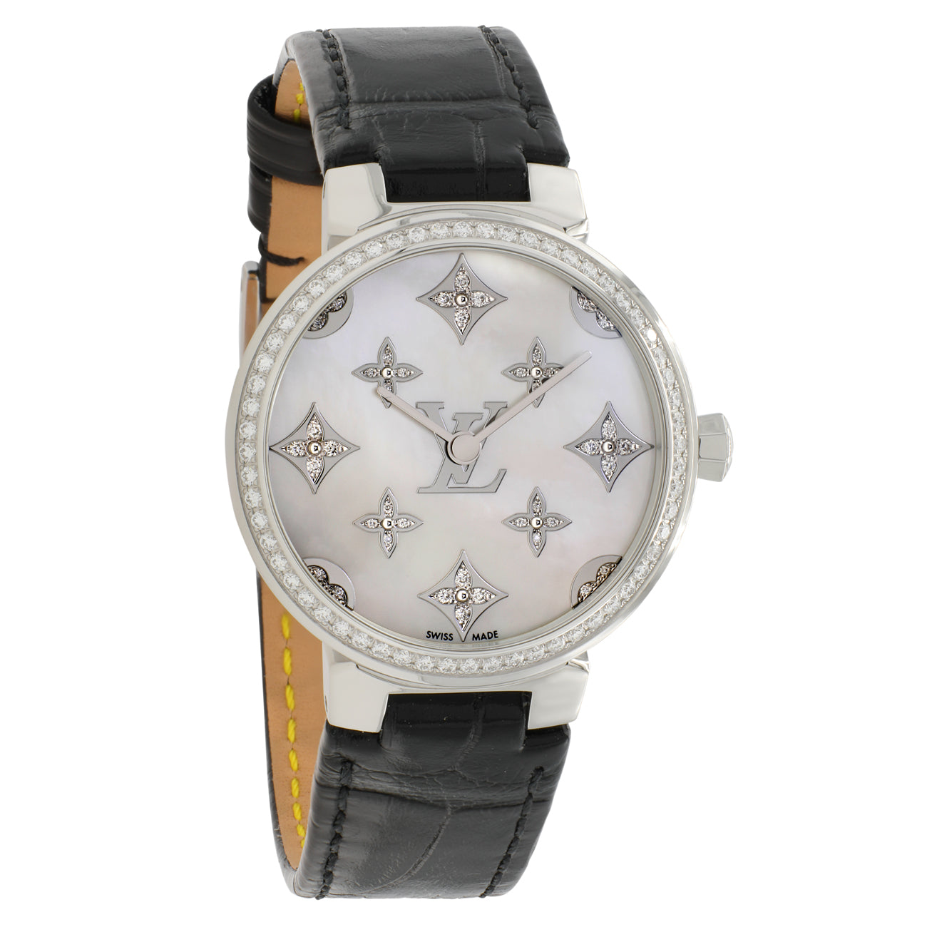 Exclusive Louis Vuitton Stainless Steel Diamond Tambour Slim Quartz QBB117 — Front View