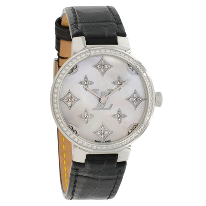 Exclusive Louis Vuitton Stainless Steel Diamond Tambour Slim Quartz QBB117 — Front View