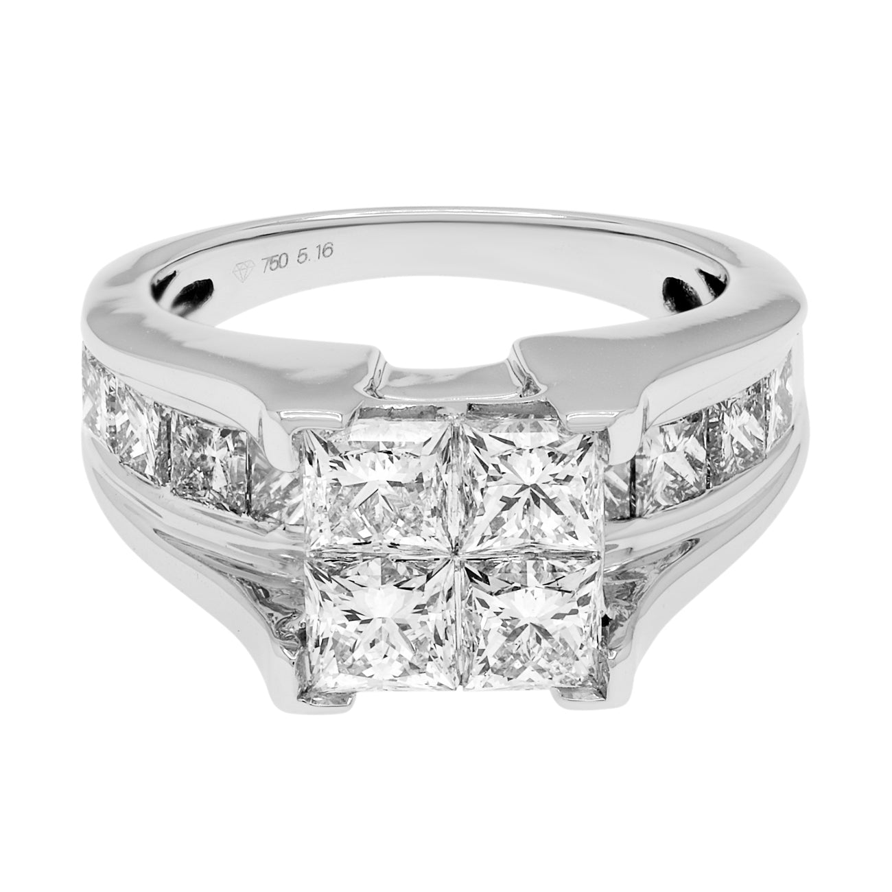 Exclusive 18K White Gold 3.48 Carat Princess Cluster Ring — Front View