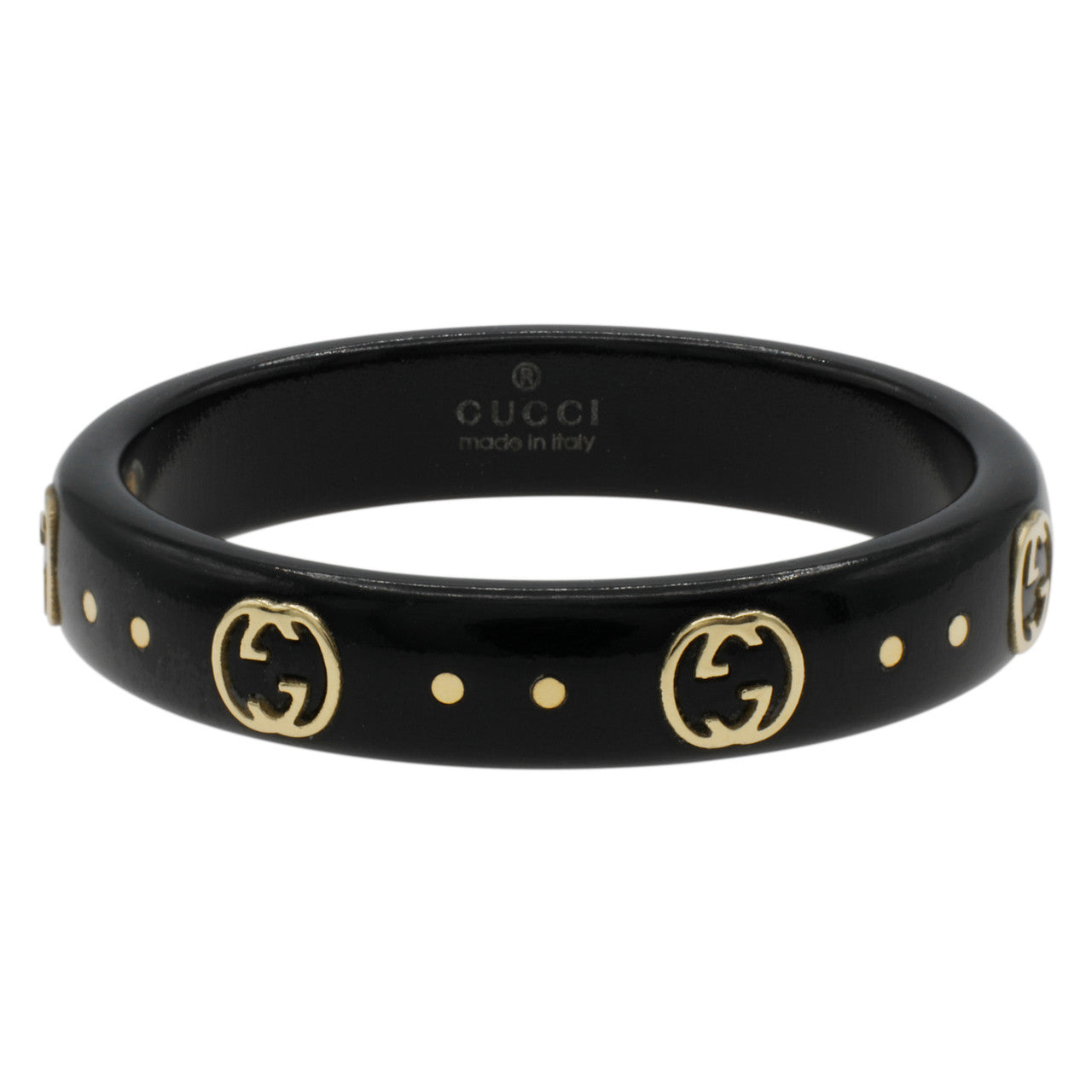 Exclusive Gucci 18K Yellow Gold Black Synthetic Corundum Interlocking G Icon Ring — Front View