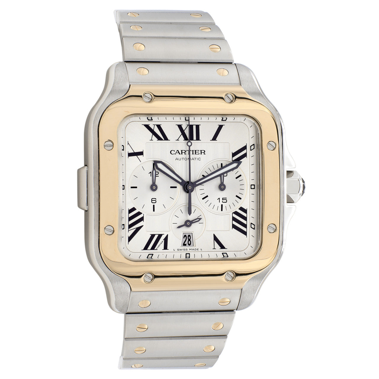 Exclusive Cartier Stainless Steel 18K Yellow Gold Santos Chronograph W2SA0008 — Front View