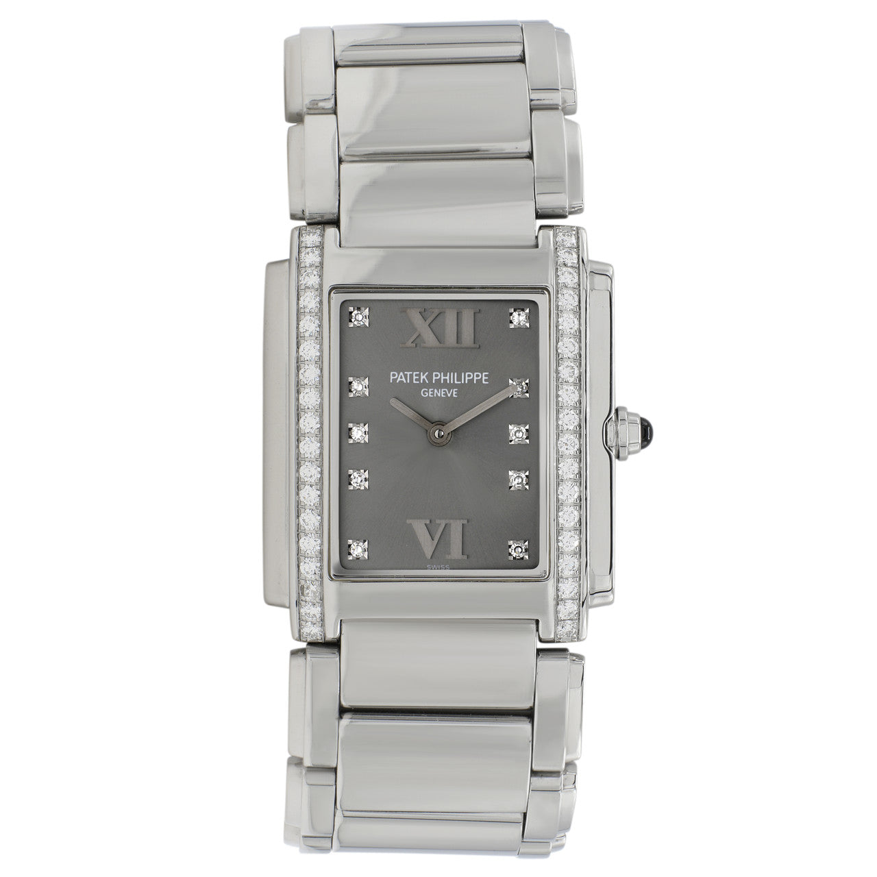 Exclusive Patek Philippe Stainless Steel Diamond Twenty-4 4910-10A-010 — Front View