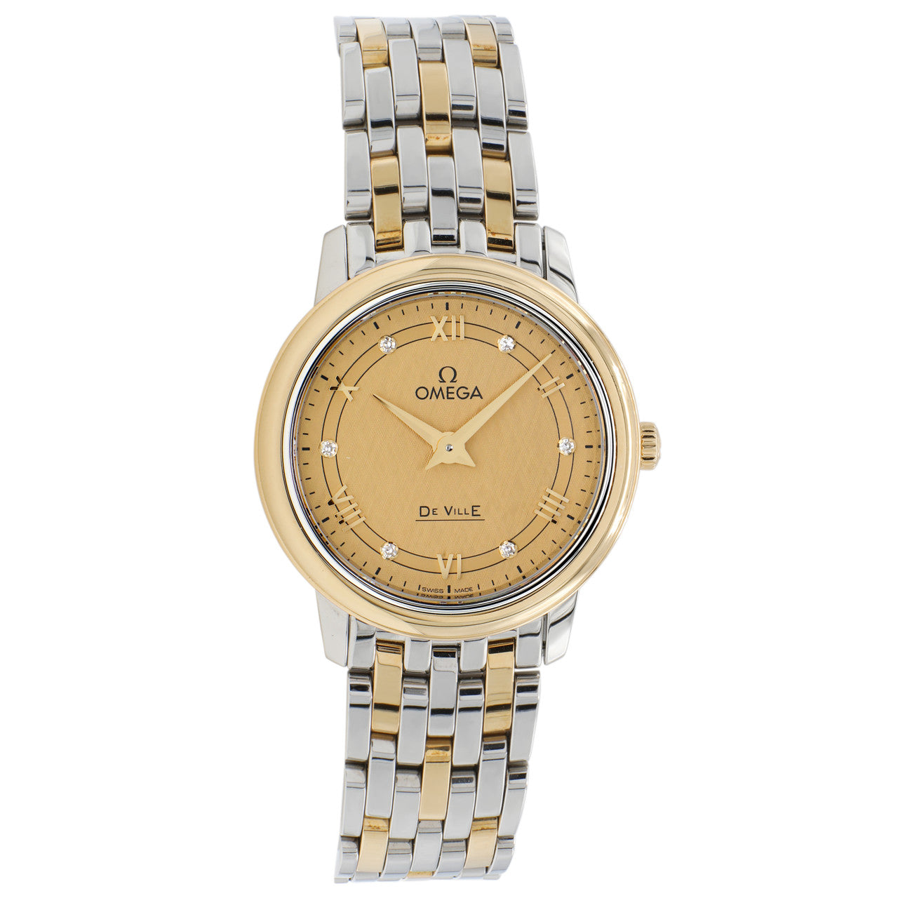 Exclusive Omega Stainless Steel 18K Yellow Gold De Ville Prestige Quartz 424.20.27.60.58.004 — Front View