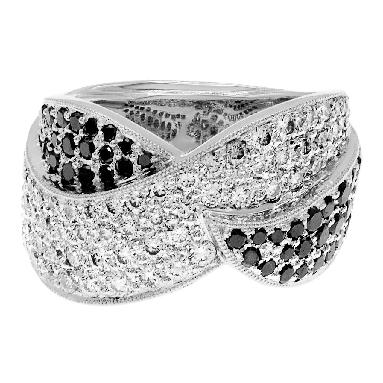 Exclusive 18K White Gold Black Diamond Crossover Ring — 5.75 — Front View