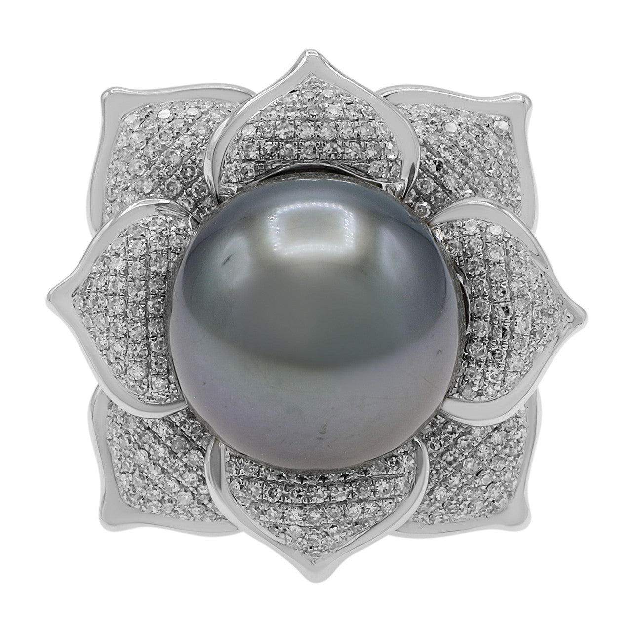 Exclusive 18k White Gold 14.4mm Tahitian Pearl & Diamond Ring — 5.5 — Front View