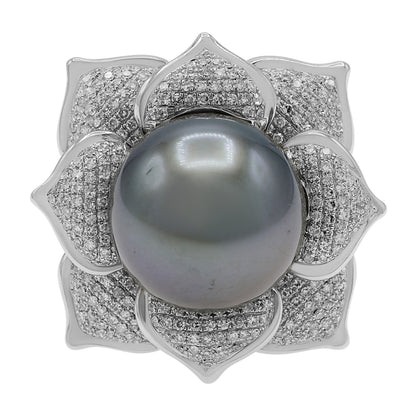 Exclusive 18k White Gold 14.4mm Tahitian Pearl & Diamond Ring — 5.5 — Front View