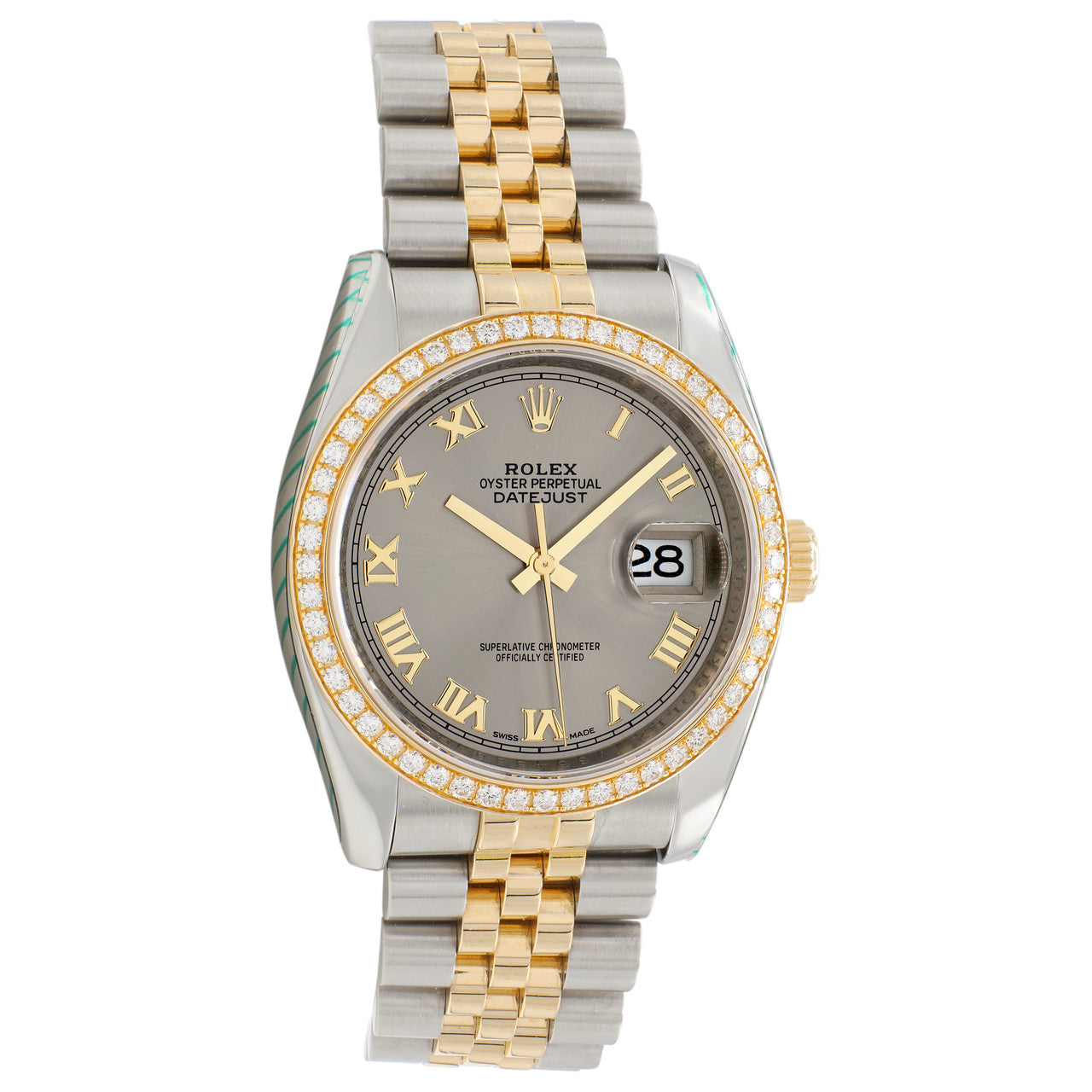 Exclusive Rolex 18K Yellow Gold Stainless Steel Diamond Datejust 36 116243 — Front View