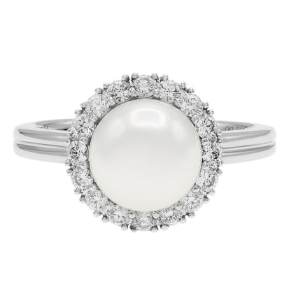 Exclusive 18K White Gold 0.32 Carat Diamond Akoya Pearl Ring — 3.75 — Front View