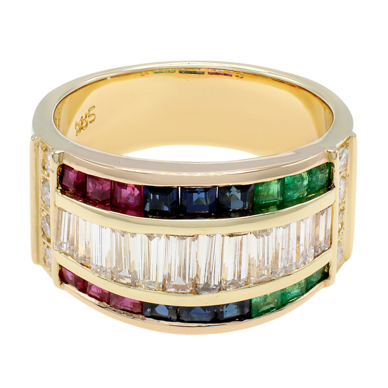 Exclusive 14K Yellow Gold Diamond Emerald Sapphire Ruby Ring — 4 — Front View